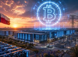 Bitcoin Miner MARA plant milliardenschweren Infrastruktur-Campus in Texas Futuristischer Bitcoin-Mining- und KI-Campus in Texas mit großem Bitcoin-Logo