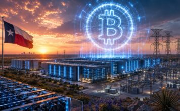 Futuristischer Bitcoin-Mining- und KI-Campus in Texas mit großem Bitcoin-Logo
