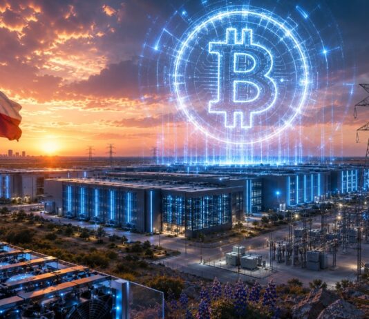 Futuristischer Bitcoin-Mining- und KI-Campus in Texas mit großem Bitcoin-Logo