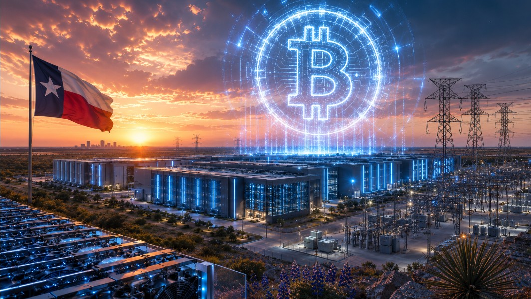 Futuristischer Bitcoin-Mining- und KI-Campus in Texas mit großem Bitcoin-Logo