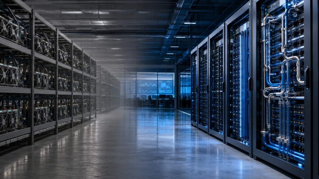 Modernes Rechenzentrum mit Bitcoin-Mining-Anlagen und KI-Servern im Übergang