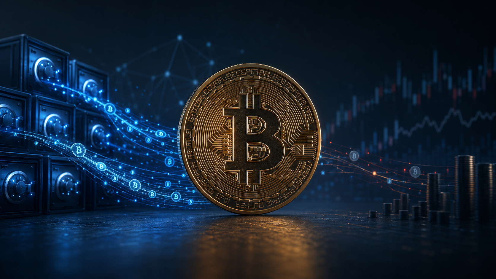 Goldene Bitcoin-Münze vor On-Chain-Datenströmen und Marktcharts