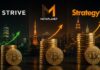 Illustration mit den Logos von Strive, Metaplanet und Strategy sowie wachsenden Bitcoin-Stapeln als Symbol für die Bitcoin-Akkumulation von Unternehmen.