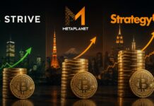 Illustration mit den Logos von Strive, Metaplanet und Strategy sowie wachsenden Bitcoin-Stapeln als Symbol für die Bitcoin-Akkumulation von Unternehmen.