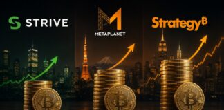 Illustration mit den Logos von Strive, Metaplanet und Strategy sowie wachsenden Bitcoin-Stapeln als Symbol für die Bitcoin-Akkumulation von Unternehmen.