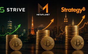 Illustration mit den Logos von Strive, Metaplanet und Strategy sowie wachsenden Bitcoin-Stapeln als Symbol für die Bitcoin-Akkumulation von Unternehmen.