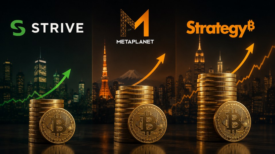 Illustration mit den Logos von Strive, Metaplanet und Strategy sowie wachsenden Bitcoin-Stapeln als Symbol für die Bitcoin-Akkumulation von Unternehmen.