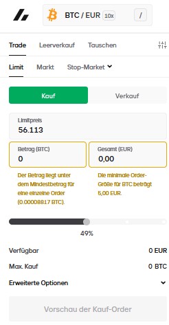 Bitvavo-Kaufmaske für Bitcoin mit Limit-Order, Eingabefeldern für Betrag und Preis sowie Kauf-Button.