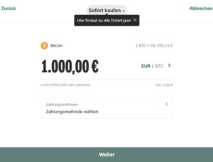 Bitpanda Kaufmaske für Bitcoin mit Eingabe des Kaufbetrags und Auswahl der Zahlungsmethode