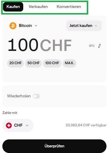 „Kaufmaske der Kraken-App zum Kauf von Bitcoin für 100 CHF mit Auswahl der Zahlungsmethode und Schaltfläche ‚Überprüfen‘.“