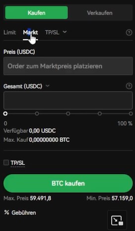 Screenshot der OKX-Handelsoberfläche im Kaufmodus. Die Marktorder ist ausgewählt, das Eingabefeld für den Kaufbetrag in USDC ist leer und der grüne Button „BTC kaufen“ befindet sich am unteren Bildschirmrand.
