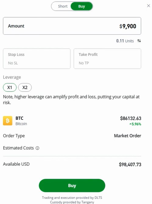 eToro Kaufmaske für Bitcoin mit Market-Order, Hebelauswahl, Stop-Loss, Take-Profit und Eingabefeld für den Investitionsbetrag.