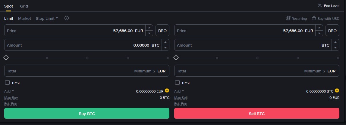 Binance Spot-Handel mit Kauf- und Verkaufsmaske für Bitcoin im Handelspaar BTC/EUR.