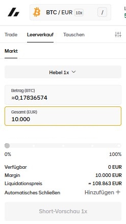 Bitvavo-Handelsoberfläche zum Eröffnen einer Bitcoin-Short-Position mit Hebelauswahl, Margin und Liquidationspreis.