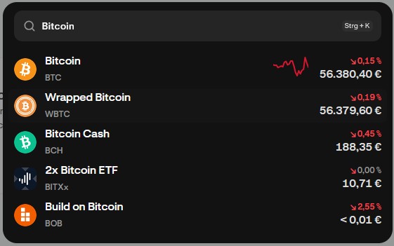 „Kraken-Suchergebnisse für Bitcoin mit BTC, Wrapped Bitcoin (WBTC), Bitcoin Cash (BCH) und weiteren Kryptowährungen inklusive aktueller Kurse.“