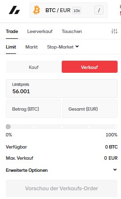 Bitvavo-Verkaufsmaske für Bitcoin mit Limit-Order, Eingabefeldern für Preis und Verkaufsbetrag sowie Verkauf-Button.