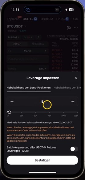 Bitget App mit Einstellung der Hebelwirkung für BTCUSDT Perpetual Futures