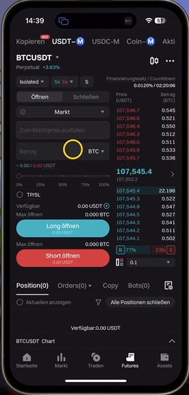 Bitget App mit BTCUSDT Perpetual Futures-Handel, Ordermaske und Live-Orderbuch