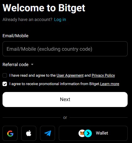 Bitget Registrierungsformular zur Kontoeröffnung mit E-Mail, Referral-Code und Anmeldeoptionen.