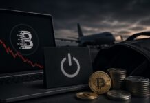 Bitcoin-Börse BitMart stellt Betrieb ein: Diese Fristen sind für Nutzer jetzt wichtig Laptop mit BitMart-Logo, sinkendem Kursverlauf und Kryptowährungen vor einem ausgeschalteten Symbol – Sinnbild für die schrittweise Einstellung des Börsenbetriebs.