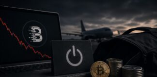 Laptop mit BitMart-Logo, sinkendem Kursverlauf und Kryptowährungen vor einem ausgeschalteten Symbol – Sinnbild für die schrittweise Einstellung des Börsenbetriebs.