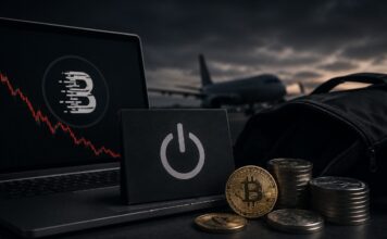 Laptop mit BitMart-Logo, sinkendem Kursverlauf und Kryptowährungen vor einem ausgeschalteten Symbol – Sinnbild für die schrittweise Einstellung des Börsenbetriebs.