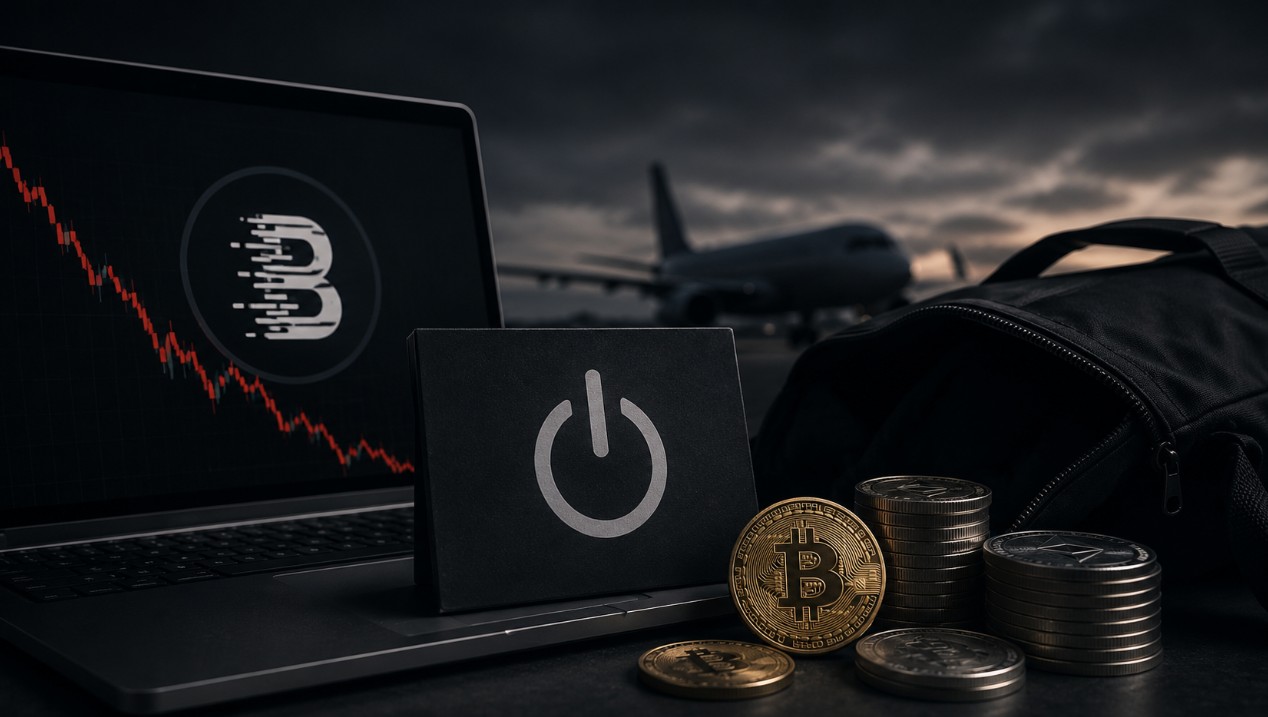 Laptop mit BitMart-Logo, sinkendem Kursverlauf und Kryptowährungen vor einem ausgeschalteten Symbol – Sinnbild für die schrittweise Einstellung des Börsenbetriebs.