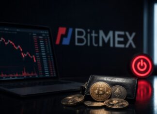 BitMEX mit Bitcoin und Ethereum vor Trading-Bildschirm – Symbolbild für den Rückzug der Kryptobörse aus dem Geschäftsbetrieb.