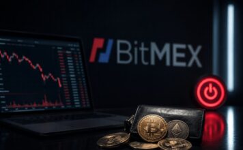 BitMEX stellt Betrieb im September ein: Nutzer müssen Positionen schließen und Guthaben abheben BitMEX mit Bitcoin und Ethereum vor Trading-Bildschirm – Symbolbild für den Rückzug der Kryptobörse aus dem Geschäftsbetrieb.