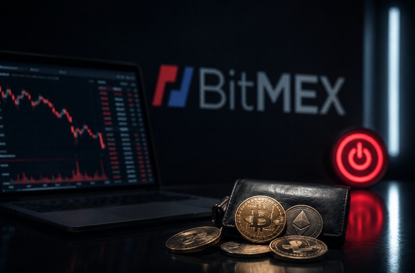 BitMEX mit Bitcoin und Ethereum vor Trading-Bildschirm – Symbolbild für den Rückzug der Kryptobörse aus dem Geschäftsbetrieb.