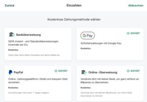 Bitpanda Einzahlen – Auswahl der Zahlungsmethoden mit Banküberweisung, Google Pay, PayPal und Online-Überweisung