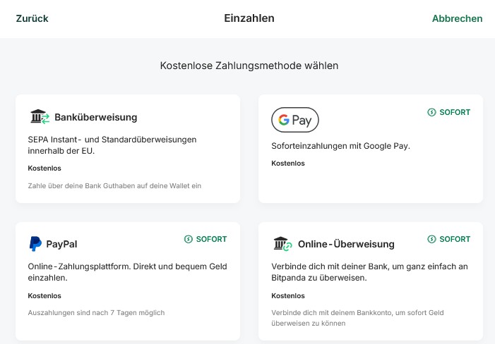 Bitpanda zeigt die verfügbaren Einzahlungsmethoden: Banküberweisung, Google Pay, PayPal und Online-Überweisung.