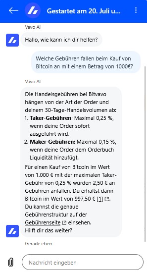 Bitvavo AI beantwortet eine Nutzerfrage zu den Handelsgebühren für den Kauf von Bitcoin im integrierten KI-Chat.