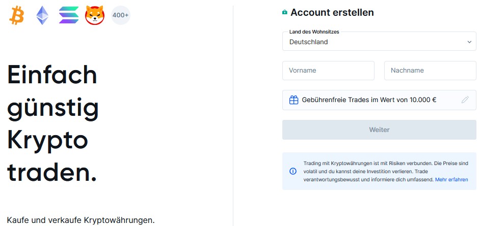 Bitvavo-Registrierungsseite zur Erstellung eines Krypto-Kontos mit Auswahl des Wohnsitzlandes und Eingabefeldern für Vor- und Nachnamen.