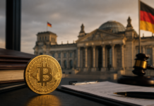 CDU-Politiker Gutting zerlegt Klingbeils Steuerpläne zur Krypto-Haltefrist Bitcoin-Münze, Gesetzesunterlagen und Richterhammer vor dem Berliner Reichstagsgebäude.