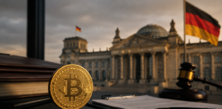 CDU-Politiker Gutting zerlegt Klingbeils Steuerpläne zur Krypto-Haltefrist Bitcoin-Münze, Gesetzesunterlagen und Richterhammer vor dem Berliner Reichstagsgebäude.