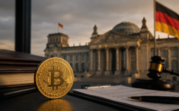 CDU-Politiker Gutting zerlegt Klingbeils Steuerpläne zur Krypto-Haltefrist Bitcoin-Münze, Gesetzesunterlagen und Richterhammer vor dem Berliner Reichstagsgebäude.