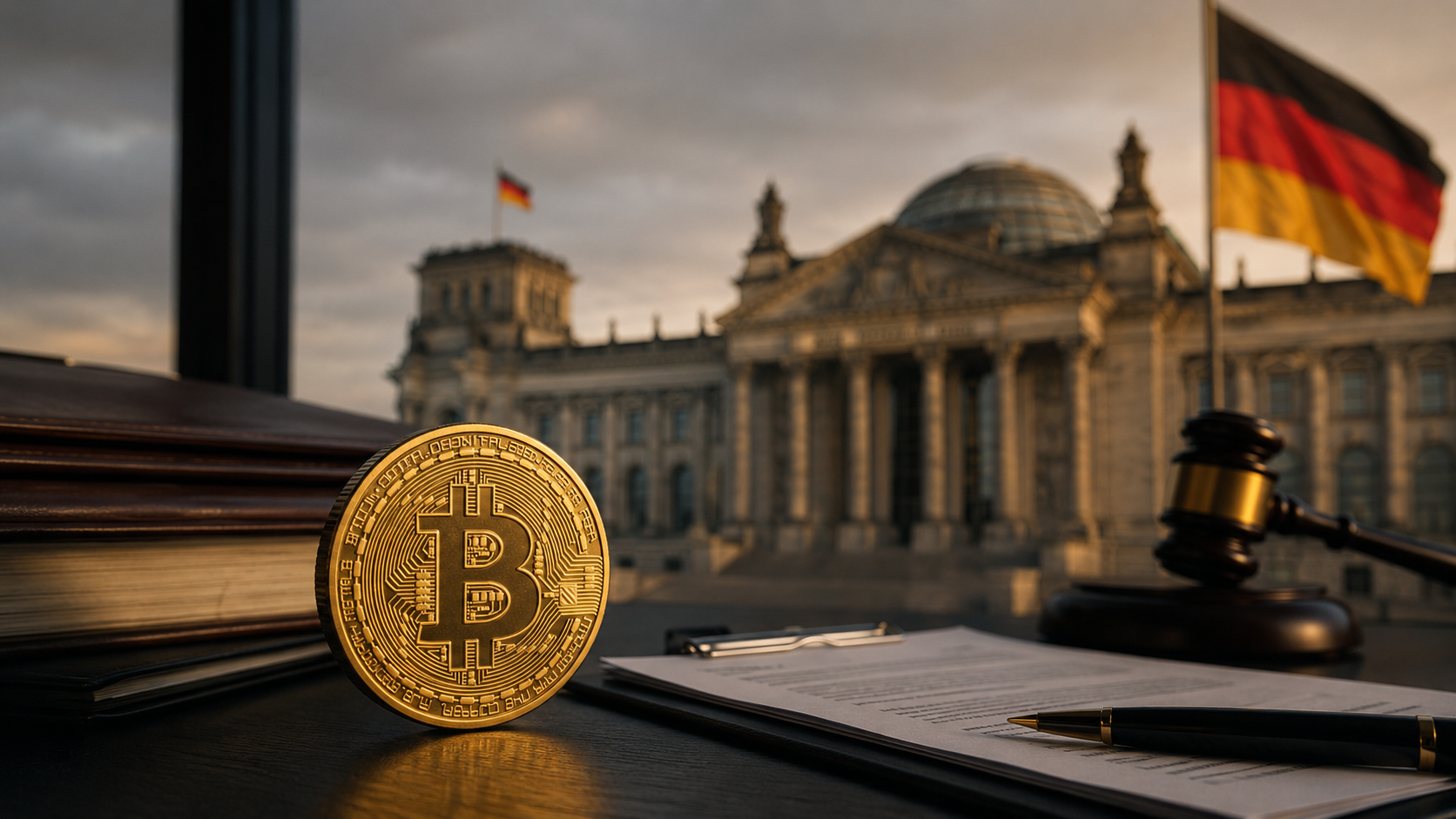 Bitcoin-Münze, Gesetzesunterlagen und Richterhammer vor dem Berliner Reichstagsgebäude.