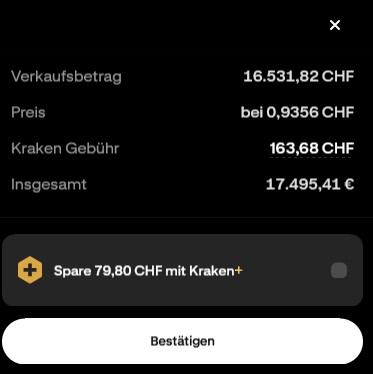 „Bestätigungsbildschirm in der Kraken-App für den Verkauf von Schweizer Franken gegen Euro mit Verkaufsbetrag, Gebühren und Schaltfläche ‚Bestätigen‘.“