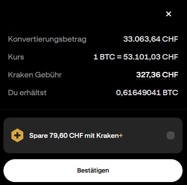 „Bestätigungsbildschirm in der Kraken-App für die Konvertierung von Schweizer Franken in Bitcoin mit Kurs, Gebühren und Schaltfläche ‚Bestätigen‘.“