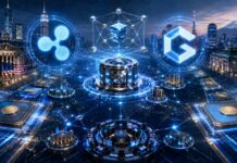 DTCC startet Großprojekt mit Canton, BlackRock und Ripple um Staatsanleihen zu tokenisieren Futuristische Finanzinfrastruktur mit Ripple- und Canton-Network-Logo zwischen New York und Tokio