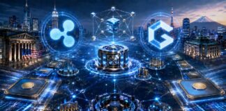 Futuristische Finanzinfrastruktur mit Ripple- und Canton-Network-Logo zwischen New York und Tokio