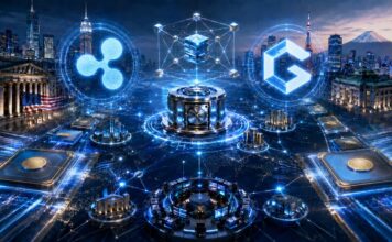 Futuristische Finanzinfrastruktur mit Ripple- und Canton-Network-Logo zwischen New York und Tokio