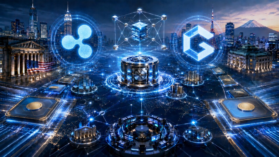 Futuristische Finanzinfrastruktur mit Ripple- und Canton-Network-Logo zwischen New York und Tokio