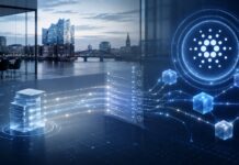 Cardano und Hamburger Unternehmen machen Datenvergütungen transparent und überprüfbar Großes Cardano-Logo über einem digitalen Blockchain-Netzwerk mit transparenten Datenströmen vor der Hamburger Skyline.