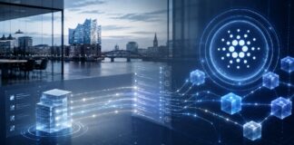 Großes Cardano-Logo über einem digitalen Blockchain-Netzwerk mit transparenten Datenströmen vor der Hamburger Skyline.