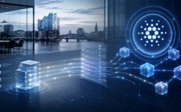Großes Cardano-Logo über einem digitalen Blockchain-Netzwerk mit transparenten Datenströmen vor der Hamburger Skyline.