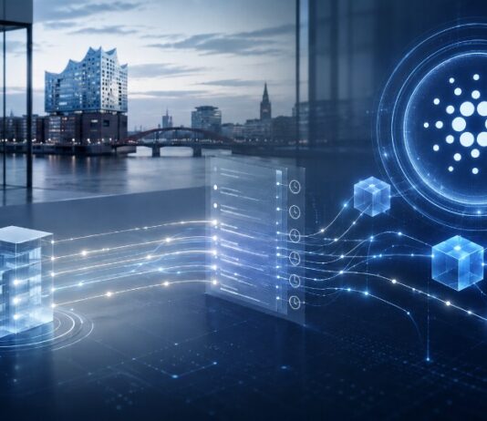 Großes Cardano-Logo über einem digitalen Blockchain-Netzwerk mit transparenten Datenströmen vor der Hamburger Skyline.