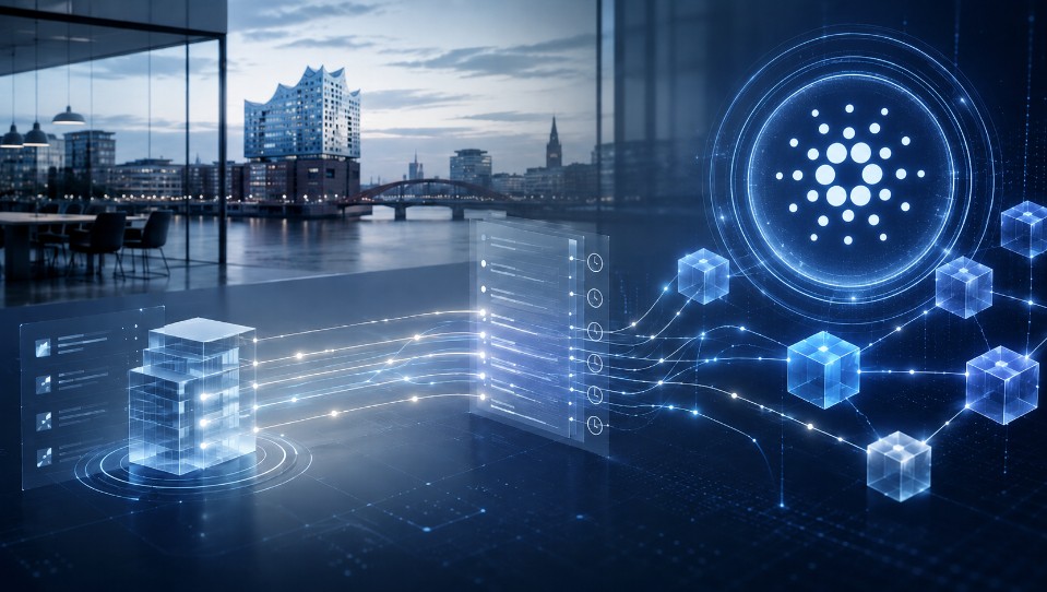 Großes Cardano-Logo über einem digitalen Blockchain-Netzwerk mit transparenten Datenströmen vor der Hamburger Skyline.