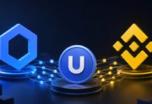 Chainlink- und BNB-Chain-Logos verbinden den Stablecoin U über eine Cross-Chain-Infrastruktur für DeFi.